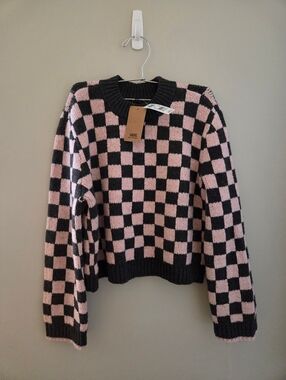 Vans Women Pink and Black Checkerboard Crewneck Sweater